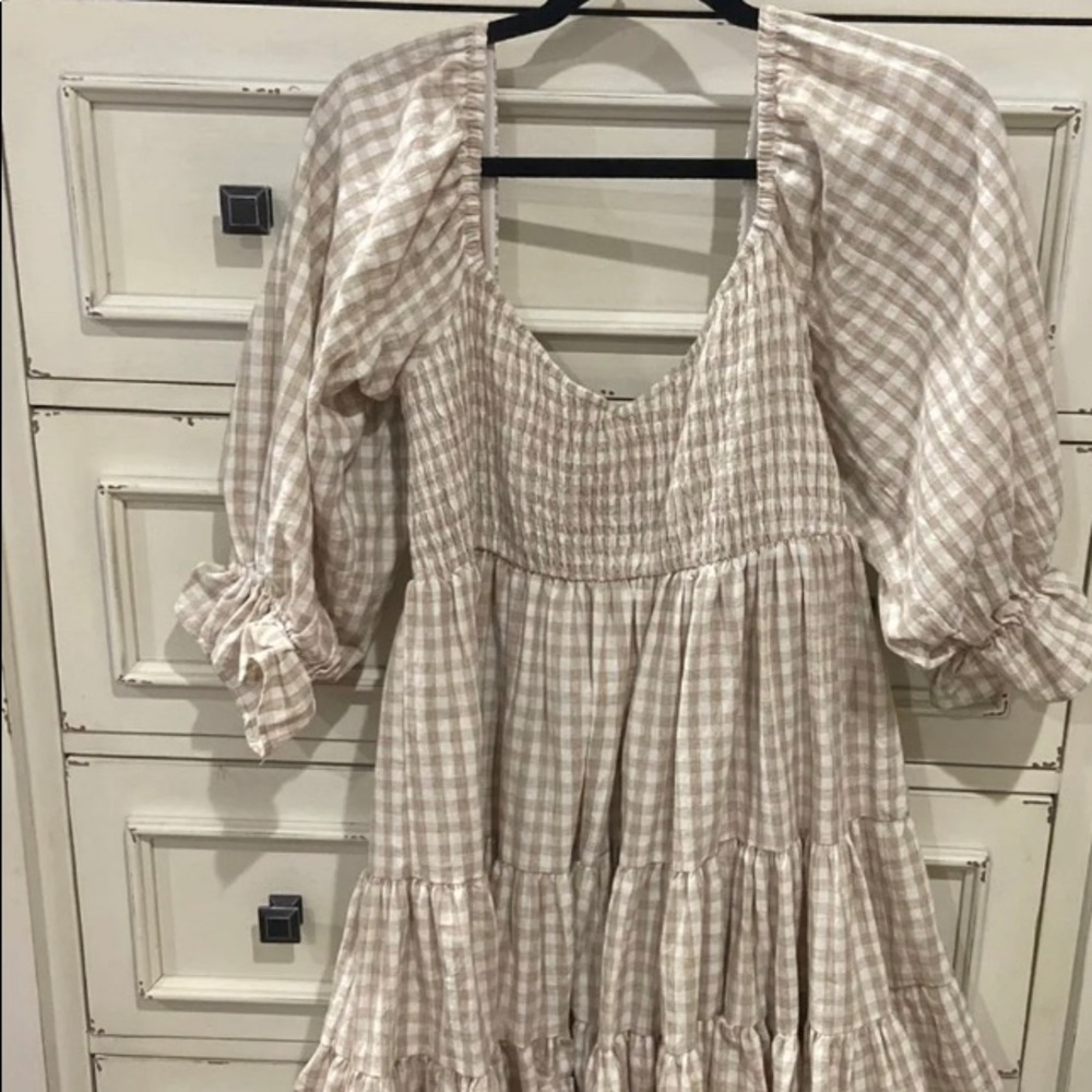 Size Large babydoll style Gingham dress tan and white sold out everywhere!